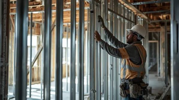 A carpenter aligning a metal stud wall inside a building